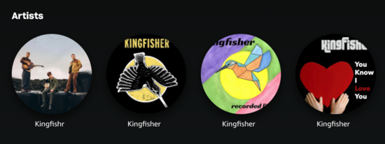 Three bands named
'Kingfisher' and one named 'Kingfishr'