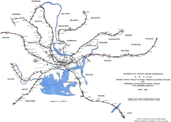 1945 diagram of possible mbta expansions